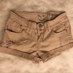 Soft! khaki jean shorts. Distressed detailing.
